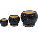陶器植木鉢3点セット（受皿付） ブラック＜UH08／3DBK＞