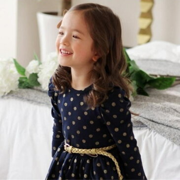 韓国子供服 ワンピース■ポルカドット ロングスリーブワンピース(メッシュベルト付き)100cm/110cm/120cm/130cm/140cm■長袖/入園入学/フォーマル スーツ 女の子/子供スーツ/女の子/入学式 女の子/発表会/結婚式/入園/七五三/ドレス/ワンピース/ドット柄/水玉柄/ゴールド