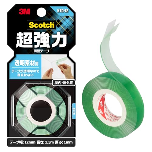 長さ1.5m1. 透明素材用/a. 幅12ミリ長さ1.5メートル/KTD-12・Color:1. 透明素材用Size:a. 幅12ミリ長さ1.5メートル・パッケージ個数:1・3M スコッチ 超強力両面テープ 透明素材用 12mm×1.5m KTD-12・基材:アクリルフォーム 粘着剤:アクリル系・サイズ(厚みx幅x長さ):1.0mmx12mmx1.5m・使用温度範囲:-20~150℃・屋内・屋外用テープが透明なので、貼ったところが目立たない! 屋外用/屋内用 強靭なアクリルフォーム基材に、アクリル系粘着剤を塗布した超強力両面テープです。 素材の変形や縮みにもよくなじみ、振動する場所でも高い接着力を発揮します。 ※軟質塩化ビニール、ポリエチレン、ポリプロピレン、シリコーン、フッ素樹脂加工表面、凸凹面には使用できません。