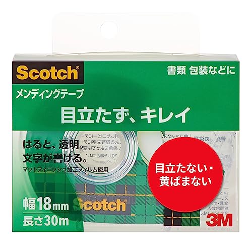 2.(本体)18mm18mm 単品/18mm×30m/22906050・Style:2.(本体)18mm・パッケージ個数:1・【製品情報】サイズ:18mm×30m / テープ厚:0.058mm / 巻芯径:25mm / 数量:10個・【マットで目立たずキレイな仕上がり】マットフィニッシュ（つや消し加工）で、貼るとほとんど見えなくなる半透明なメンディングテープ。資料の補修や封かんがキレイに仕上がります。鉛筆や油性ペンでも上から文字が書けるので、ラベルとしても活用できます。ラッピングにもお使いただけます。・【手軽に使えるディスペンサー付き!】必要な長さにテープをカットできるテープディスペンサー付き。効率よくスムーズに進められて、作業がはかどります。・【破れたところをキレイに補修】破れたところの補修・補強がキレイにできます。コピーをとっても、メンディングテープの影はほとんど出ないので、書類などにもおすすめです。・【変色しにくい、安心の品質】アセテートフィルムを採用した高品質なメンディングテープ。黄ばみにくいので、写真にもきれいに貼ることができます。商品紹介 ・アセテート・フィルムを採用したハイクオリティな粘着テープです ・テープの上から文字が書けます ・貼るとテープはほとんど見えなくなり、上質な仕上げ感です※1 ・コピーをとってもテープの影はほとんど出ません ・貼ってすぐなら、テープの貼り直しが可能です※2 ・変質・変色しにくく、長期の使用に耐えます ・テープの引き出しがスムーズです」 ※1素材によっては貼ってもテープが見える場合があります ※2紙の種類によっては破れる場合があります 原材料・成分 0