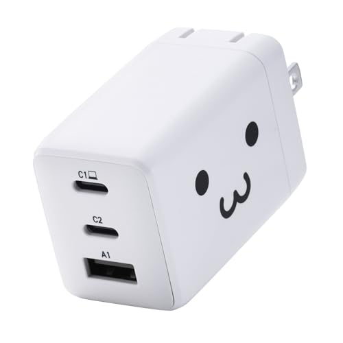 1)C×2、A×1ポートしろちゃん/-/EC-AC10367WF・Color:しろちゃんStyle:1)C×2、A×1ポートPatternName:1)充電器単体・パッケージ個数:1・3つの出力ポートを搭載。用途に合わせて接続先を使い分けられるから、ノートパソコンやスマートフォン、タブレット、ワイヤレスイヤホンなどを組み合わせて同時に充電できるAC充電器です。・USB Type-Cポートへの1ポート接続時は、USB Power Delivery 67Wを出力。ノートパソコンを十分な速度で充電できます。・2ポート同時接続時は10W〜45W、3ポート同時接続時は10W〜40Wでの出力が可能。スマートフォンやタブレット、ワイヤレスイヤホン、電子タバコなどのデバイスを同時に充電できます。・GaN II(窒化ガリウム)を採用し、高出力ながらコンパクトサイズを実現。プラグ部分も折り畳むことができるため、バッグの中でもスペースを取らず、ビジネスでの外出やリモートワーク、出張、旅行など持ち運びにも便利です。・MacBook付属のUSB-C - MagSafe 3ケーブルも使【仕様】 ■対応機種：各USB Type-CポートからUSB Power Delivery 67WおよびPPS 55W、またはUSB-Aポートから12Wの規格内で充電可能なノートパソコン、スマートフォンなどの機器。2ポート以上同時接続時、合計最大65Wまでの出力で充電・給電可能な機器とその組み合わせ ■コネクター形状：USB Type-Cポート×2、USB-Aポート×1 ■定格入力電圧：AC100~240V、50/60Hz ■定格入力電流：2A ■定格出力電力(単独接続時)：USB Type-C1/C2ポート:最大出力67W、PPS最大出力55W、USB-A1ポート:最大出力12W ■定格出力電力(2ポート同時接続時(1))：USB Type-C1+USB Type-C2ポート:合計最大出力65W、USB Type-C1ポート最大出力45W、PPS最大出力33W、USB Type-C2ポート最大出力20W ■定格出力電力(2ポート同時接続時(2))：USB Type-C1+USB-A1 ポート:合計最大出力57W、USB Type-C1ポート最大出力45W、PPS最大出力33W、USB-A1ポート最大出力12W、USB Type-C2+USB-A1 ポート:合計最大出力20W、USB Type-C2ポート最大出力10W、USB-A1ポート最大出力10W ■定格出力電力(3ポート同時接続時)：合計最大出力60W、USB Type-C1ポート最大出力40W、PPS最大出力33W、USB Type-C2ポート最大出力10W、USB-A1ポート最大出力10W ■定格出力電圧(単独接続時)：USB Type-C1/C2ポート:5V/9V/15V/20V、PPS出力3.3~11V、USB-A1ポート:5V ■定格出力電圧(2ポート同時接続時(1))：[USB Type-C1+USB Type-C2ポート接続時]USB Type-C1ポート:5V/9V/15V/20V、PPS出力3.3~11V、USB Type-C2ポート:5V/9V ■定格出力電圧(2ポート同時接続時(2))：[USB Type-C1+USB-A1ポート接続時]USB Type-C1ポート:5V/9V/15V/20V、PPS出力3.3~11V、USB-A1ポート:5V、[USB Type-C2+USB-A1ポート接続時]USB Type-C2ポート:5V、USB-A1ポート:5V ■定格出力電圧(3ポート同時接続時)：USB Type-C1ポート:5V/9V/15V/20V、PPS出力3.3~11V、USB Type-C2ポート:5V、USB-A1ポート:5V ■定格出力電流(単独接続時)：USB Type-C1/C2ポート:5V/9V/15V時3A・20V時3.35A、PPS出力3.3~11V時5A、USB-A1ポート:5V時2.4A ■定格出力電流(2ポート同時接続時(1))：[USB Type-C1+USB Type-C2ポート接続時]USB Type-C1ポート:5V/9V/15V時3A・20V時2.25A、PPS出力3.3~11V時3A、USB Type-C2ポート:5V時3A・9V時2.22A ■定格出力電流(2ポート同時接続時(2))：[USB Type-C1+USB-A1ポート接続時]USB Type-C1ポート:5V/9V/15V時3A・20V時2.25A、PPS出力3.3~11V時3A、USB-A1ポート:5V時2.4A、[USB Type-C2+USB-A1ポート接続時]USB Type-C2ポート:5V時2A、USB-A1ポート:5V時2A ■定格出力電流(3ポート同時接続時)：USB Type-C1ポート:5V/9V時3A・15V時2.67A・20V時2A、PPS出力3.3~11V時3A、USB Type-C2ポート:5V時2A、USB-A1ポート:5V時2A ■外形寸法：幅約56.5mm×奥行約31.5mm×高さ約38mm ■重量：約105g ■カラー：しろちゃん(ホワイト×ブラック) ■コンセントプラグ仕様：90度スイング構造 ■使用温度：0℃~25℃ ■法令：◇PSE 特定電気用品 ■期間：1年間 ■使用可能地域：日本 【説明】 ■3つの出力ポートを搭載。用途に合わせて接続先を使い分けられるから、ノートパソコンやスマートフォン、タブレット、ワイヤレスイヤホンなどを組み合わせて同時に充電できるAC充電器です。 ■USB Type-Cポートへの1ポート接続時は、USB Power Delivery 67Wを出力。ノートパソコンを十分な速度で充電できます。 ■2ポート同時接続時は10W~45W、3ポート同時接続時は10W~40Wでの出力が可能。スマートフォンやタブレット、ワイヤレスイヤホン、電子タバコなどのデバイスを同時に充電できます。 ■GaN II(窒化ガリウム)を採用し、高出力ながらコンパクトサイズを実現。プラグ部分も折り畳むことができるため、バッグの中でもスペースを取らず、ビジネスでの外出やリモートワーク、出張、旅行など持ち運びにも便利です。 ■MacBook付属のUSB-C - MagSafe 3ケーブルも使用可能。MacBookの充電をスムーズに行えます。 ■USB Power DeliveryおよびPPS規格に対応。機器に応じて電圧、電流が変化するため、スマートフォンやタブレットはもちろん、Windowsノートパソコンも幅広い機種を充電できます。 ※USB Power Deliveryとは、アダプターと接続機器間で情報をやり取りすることで、その機器間における最適な電力を選択し、高速充電を実現するUSB規格です。PPS(Programmable Power Supply)とは、0.02V単位で電圧を調整し、最適な電力で効率的に供給することができるUSB Power Deliveryのオプション規格です。 ※本製品のUSB Power Delivery最大出力は67Wです。PPS(Programmable Power Supply)最大出力は55Wです。 ■Thermal Protectionを搭載し、製品温度の上昇を24時間監視・制御。自動で出力をコントロールし、お使いの機器を守ります。 ■本製品はUSB-IFのテストと同等のテストを当社独自で実施し、USB Power Delivery対応製品との高い互換性が保たれています。 ■電気用品安全法(PSE)認証品です。また、当社独自のテストを実施した、高い安全性が確認された製品になります。 ■電気用品安全法の耐トラッキング性の要求事項を満たしたコンセントプラグを採用しています。 ※充電ケーブルは同梱していません。別途ご用意ください。 ※機器本体や充電器が濡れた状態で充電すると、異常な発熱・焼損の原因となり大変危険ですのでおやめください。 ※USB Type-C and USB-C are trademarks of USB Implementers Forum. 【商品に関するお問い合わせ】 エレコム製品サポート 8056.jp をご確認ください。
