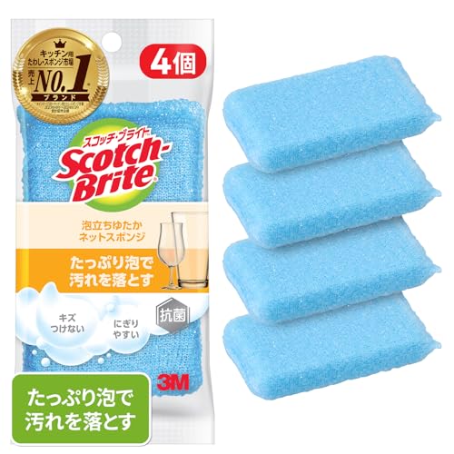 3M スポンジ キッチン キズつけない 抗菌 泡立ちゆたかネット ブルー 4個 スコッチブライト WNTB-4P 送..
