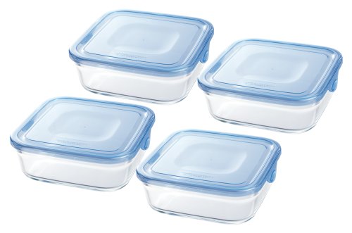 iwaki(イワキ) 耐熱ガラス 保存容器 アクアブルー 角型 M 800ml ×4個セット パック&レンジ KBC3247BLN 送料無料