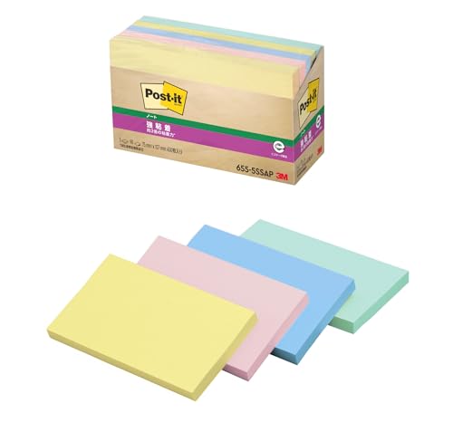 ポストイット 付箋 強粘着 ノート パステルカラー 75×127mm 90枚×5冊 655-5SSAP 送料無料