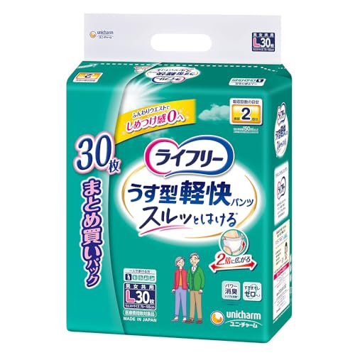 パンツ式ホワイト/Lサイズ (30枚)/-・パッケージ個数:1・「スルッとはける」歩ける方のための、「うすくて軽快な」ご本人でも交換しやすい紙パンツです。・特許技術 ご本人でも破りやすい「らくらくステッチ」*1。両脇を破って、サッと脱げる。*1 係止部の剥離強度が製品横方向に比べて縦方向が弱い、サイドシール構造・特許技術 背中・足ぐりにふんわりフィットする「背中・足ぐりピタッとギャザー」がすきまモレを低減。・Lサイズ ウエストサイズ75?100cm 吸収回数の目安※排尿2回分 ※1回の排尿量150mlとして(当社測定方法によるものです)・商品サイズ(幅×奥行×高さ)365mm×203mm×382mm パッケージのデザイン変更に伴い、掲載画像とは異なったデザインの商品が届く場合がございます。あらかじめご了承ください。商品紹介 ●歩ける方のための、うすくて軽快な ご本人でも交換しやすい紙パンツです ●ご本人でも破りやすい。特許技術「らくらくステッチ」を採用 ●ピタッとフィット。「背中、足ぐりピタッとギャザー」が背中、足ぐりにふんわりフィットしすきまモレを低減 ●パッド交換スムーズ。特許技術「パッドすっぽりギャザー」で、ギャザー間が広くなり、パッド交換が簡単 ●スルッとはける。特許技術おしりに引っかからない「スルッとゾーン」がウエストゴムの巻き込みを防止 ●「やわらかストレッチゾーン」が軽い力で2倍に広がる ●「しっかりフィットゾーン」がズレを防ぐ ●足入れスムーズ。特許技術すっきり形状で足の指がひっかからない ●下着のようなはき心地。「すっきりうす型」でゴワゴワしない ●やわらか素材で心地よい肌触り ●全面通気シートで、「ムレずにサラサラ」 ●Ag+配合 パワー消臭 トリプル効果※アンモニア・硫化水素・ジメチルアミンについての消臭効果があります ●背モレをブロック。尿・軟便をせきとめる空間が背モレを防ぐ ●医療費控除対象品・原材料・成分 表面材:ポリオレフィン不織布 吸水材:綿状パルプ、吸水紙、高分子吸水材 防水材:ポリオレフィンフィルム 使用方法 ●はき方・はかせ方 後処理テープの付いている面を後ろにしてください。 ●すて方 1.おしり側を下にして股の方からウエストに向かってまるめてください。 2.後ろの処理テープをつまんではがし、しっかりと止めて捨ててください。 ●とりかえ方 1.おしっこの後はそのまま脱ぐか、両脇を破ってはずしてください。 2.大便の時は、両脇を破り、便がこぼれないように股間部を片手で押さえながらはずしてください。 ※おむつを着脱するときには、後処理テープがお肌に触れないようにご注意ください。