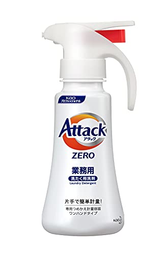ホワイト/400ml/4901301384904・パッケージ個数:1・アタックZERO業務用の専用計量容器商品紹介 アタックZERO業務用の専用計量容器です。※本品は空容器です。※アタックZERO業務用 本体は別売りです。 ●片手でかんたん計量：手に持って、プッシュするだけ。ワンプッシュ5g。 ●量の調整、自由自在：洗たく物の量に合わせて洗剤の量を調整できます。　 ●塗布にも便利：食べこぼし、エリ・ソデ汚れなど困った部分汚れにも。　 ●100％再生プラスチックボトル＊を使用。　 ●透明ライン入り。つめかえガイドラインよりも残り少なくなったらつめかえてください。液面確認可能なので、液があふれないようにつめかえできます。　 ＊着色剤およびラベルフィルム、ポンプは除く 原材料・成分 ポンプ：プラ（PP、PE）、ボトル：プラ（PET）、ラベル：プラ（PS、PET）、ストッパー：プラ（PP）