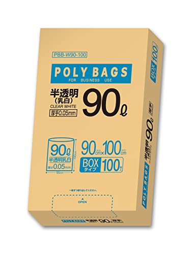 0.05mm半透明/90L W90×H100cm 厚さ0.05mm/PBB-W90-100・Color:半透明PatternName:90L・パッケージ個数:1・本体サイズ(1枚あたり):幅90×長さ100cm 厚み0.05mm・パッケージサイズ:幅290mm奥行495mm高さ85mm・素材:低密度ポリエチレン・生産国:ベトナム・家庭でお使いいただけるツルツルタイプのポリ袋●厚手で丈夫な乳白タイプの90Lのごみ袋 ●ツルツルした手触りの低密度ポリエチレン製 ●お買い得の100枚入り ●上部の取り出し口から片手でも1枚ずつ取り出し可能