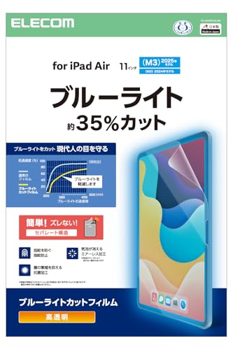 ブルーライトカットクリア/11 inches/TB-A25MFLBLGN・Style:ブルーライトカットPatternName:光沢・パッケージ個数:1・画面を見続ける機会が多い現代人の目を考えて開発。画面が発する光の中の青い部分「ブルーライト」を大幅にカットする、高透明タイプの画面保護フィルムです。・画面が発する光の中の青い部分「ブルーライト」を約32%カットするブルーライトカットタイプです。・※ブルーライトは目の角膜や水晶体で吸収されずに網膜まで到達し、網膜の機能低下を引き起こす場合があるといわれています。・ブルーライトを効率的にカットするだけでなく、色調をできるだけ変えずに自然に見えるようフィルムを設計しています。・つやのある高透明タイプで、画面を鮮やかに彩ります。【 仕様 】 ■対応機種：11インチiPad Air(M4)/11インチiPad Air(M3)/11インチiPad Air(M2) ■セット内容：画面保護フィルム(ブルーライトカット・高透明タイプ)×1、ホコリ取りシール×1、クリーニングクロス(乾式)×1、ヘラ×1 ■材質：接着面:シリコン、外側:PET ■ブルーライトカット率：約32% 【 説明 】 ■画面を見続ける機会が多い現代人の目を考えて開発。画面が発する光の中の青い部分「ブルーライト」を大幅にカットする、高透明タイプの画面保護フィルムです。 ■画面が発する光の中の青い部分「ブルーライト」を約32%カットするブルーライトカットタイプです。 ■※ブルーライトは目の角膜や水晶体で吸収されずに網膜まで到達し、網膜の機能低下を引き起こす場合があるといわれています。 ■ブルーライトを効率的にカットするだけでなく、色調をできるだけ変えずに自然に見えるようフィルムを設計しています。 ■つやのある高透明タイプで、画面を鮮やかに彩ります。 ■時間の経過とともに気泡が目立たなくなる、特殊吸着層を採用したエアーレス加工を施しています。 ■小さな気泡ができたときには、指などで押し出すことで気泡を抜くことができます。 ■指紋汚れを付きにくくする指紋防止コーティングを施しています。 ■フィルムに抗菌機能を施し、細菌の繁殖を防ぎます。 ■こちらの製品は表面上における細菌の増殖を抑制、あるいは阻害する性能を有したもので、JIS(日本産業規格)が定める抗菌性試験に準拠したものです。 ■※抗菌とは、製品の表面上に存在する細菌の増殖を抑制することです。JIS(日本産業規格)では抗菌加工されていない製品の表面と比較して、細菌を99%以上抑制出来ている場合、その製品に抗菌効果があると規定しています。 ■フィルムを貼ったままでも端末操作ができるタッチスクリーン入力に対応しています。 ■貼り付け面にシリコン皮膜をコーティングし、接着剤や両面テープを使わずに貼り付け可能な自己吸着タイプです。貼りやすく、貼り直しも可能です。 ■端末の形状に合わせたサイズにカット済みなので、パッケージから取り出してすぐに使用可能です。 ■貼り付けの際ズレ防止の固定シールが付いており、位置決めが簡単。貼り付け面はセパレートカット構造のため貼り付けやすい加工になってます。 ■※フィルムを画面に貼り付けると薄く痕が残ったように見えますが、時間がたつと目立たなくなります。 ■フィルムがキレイに貼れる専用ヘラと、クリーニングクロス、ホコリ取りシールが付属しています。 ■自社環境認定基準を1つ以上満たし、『THINK ECOLOGY』マークを表示した製品です。 ■環境保全に取り組み、製品の包装容器が紙・ダンボール・ポリ袋のみで構成されている製品です。 【商品に関するお問い合わせ】 ホームページよりご確認ください