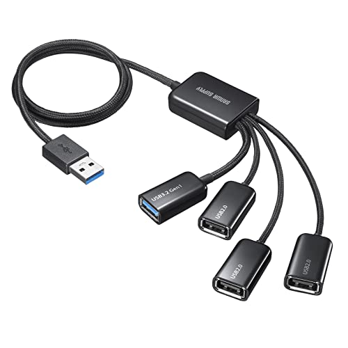 USB-Aブラック/USB3.0・4ポート/USB-3H436BK・Size:USB3.0・4ポートStyle:USB-A・パッケージ個数:1・隣のポートをふさがない、ケーブルのように使用できるUSBハブです。・断線しにくいメッシュケーブルを採用しています。折り曲げの負担から守ります。・USB3.2 Gen1（USB3.1/USB3.0）×1ポート、USB2.0×3ポートのコンボハブです。・ワイヤレスマウスのレシーバーなどUSB3.2 Gen1が必要ない機器と併用するのに最適です。・USB3.2 Gen1（USB3.1/USB3.0）ポートはスーパースピードモード（5Gbps）[規格値]に対応しています。●隣のポートをふさがない、ケーブルのように使用できるUSBハブです。 ●断線しにくいメッシュケーブルを採用しています。折り曲げの負担から守ります。 ●USB3.2 Gen1（USB3.1/USB3.0）×1ポート、USB2.0×3ポートのコンボハブです。 ●ワイヤレスマウスのレシーバーなどUSB3.2 Gen1が必要ない機器と併用するのに最適です。 ●USB3.2 Gen1（USB3.1/USB3.0）ポートはスーパースピードモード（5Gbps）[規格値]に対応しています。 ●USB2.0ポートにUSB2.0機器を接続していても、USB3.2 Gen1（USB3.1/USB3.0）ポートはスーパースピードモードで動作可能です。 ●USB2.0/1.1規格との互換性がありますので従来のUSB2.0ポートを搭載したパソコンでもご使用が可能です。 ●AC電源不要のバスパワータイプです。 ≪ご購入前にご確認ください≫ ※本製品の最大転送速度はUSB3.2 Gen1（5Gbps）［理論値］になります。 ※本製品はUSB3.2 Gen1に対応しておりますがUSB3.2 Gen1の理論値（5Gbps）の転送速度をするものではありません。 ※USB3.2 Gen1はUSB-IF（USB Implementers Forum ）によりUSB3.0が名称変更されたもので同じ規格です。 ※本製品のUSB AポートにはUSB2.0/1.1規格の機器を接続できますが、転送速度はUSB2.0/1.1の転送速度になります。 ※本製品はUSBハブですが、すべてのUSB機器に接続、動作をできるものではありません。 ■インターフェース規格：USB仕様 Ver.3.2 Gen1（USB3.1/3.0）準拠（USB Ver.2.0/1.1上位互換） ※USB3.2 Gen1はUSB-IF（USB Implementers Forum）によりUSB3.1/3.0が名称変更されたもので同じ規格です。 ■通信速度：5Gbps、480Mbps、12Mbps、1.5Mbps（理論値） ■コネクタ形状： USB3.2 Gen1（USB3.1/3.0）Aコネクタ メス×1（ダウンストリーム） USB2.0 Aコネクタ メス×3（ダウンストリーム） USB3.2 Gen1（3.1/3.0）Aコネクタ オス（アップストリーム） ■電源：バスパワー ■供給電流：最大900mA（全ポート合計） ※接続する機器の消費電流が本製品の供給電流を超える場合、バスパワーで正常に動作しない場合があります。 ■ポート数（合計）：4ポート ■ケーブル長：0.5m ■サイズ：約W39.8×D29.8×H12mm ■重量：約55g