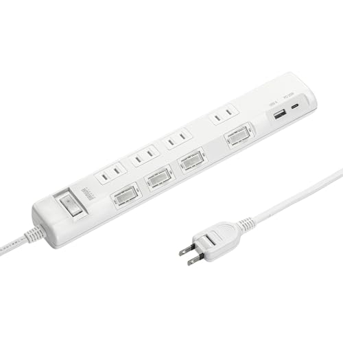 4個口ホワイト/2m/TAP-B107UC-2W・Color:ホワイトSize:2mStyle:4個口・パッケージ個数:1・AC差込口は4個口で押しやすい角度に個別スイッチと一括でONとOFFが可能な集中スイッチが付いた節電対策になるタップ。・差込口はホコリ防止シャッター付きで、トラッキング火災防止になります。・差し込みプラグは刃の根元に、トラッキング火災予防に効果的な絶縁キャップが付いたスイングプラグを採用した安全設計です。・USB充電ポートがType-CとUSB-Aが各1ポートあり、タブレットとスマホを同時に充電することが可能です。・Type-Cポートは、PD20W対応で自動識別機能で、接続機器に対し最適電流で充電を行います。●AC差込口は4個口で押しやすい角度に個別スイッチと一括でONとOFFが可能な集中スイッチが付いた節電対策になるタップ。 ●差込口はホコリ防止シャッター付きで、トラッキング火災防止になります。 ●差し込みプラグは刃の根元に、トラッキング火災予防に効果的な絶縁キャップが付いたスイングプラグを採用した安全設計です。 ●USB充電ポートがType-CとUSB-Aが各1ポートあり、タブレットとスマホを同時に充電することが可能です。 ●Type-Cポートは、PD20W対応で自動識別機能で、接続機器に対し最適電流で充電を行います。 ●雷ガードも搭載されており、接続機器を雷から守ることができます。 ●一括集中スイッチには、ブレーカーが搭載されており、過電流保護回路で自動的にOFFにします。 ■コード色：ホワイト ■定格容量：14A・125V（合計1400Wまで） ■プラグ：2P（絶縁キャップ付きスイングプラグ） ■差込口：2P・4個口（ノーマルタイプ） ■差込口間隔：36mm ※USBポートに一番近い差込口1箇所は52mmの間隔があります。 ■シャッター：あり ■雷ガード：あり ■コード導体サイズ：VFF1.8スケア（SQ）2心 ■コード仕上り外形寸法：4.2mm×7.6mm ■電源コード長：2m ■制限電圧：395V ■サージ耐量：2500A ■バリスタ電圧：240V ■ブレーカー：一括集中スイッチ型 ■スイッチ：一括集中スイッチ、個別スイッチ ■USBポート数：USB Aポート×1、USB Type-Cポート×1 ■Type-C×1/USB-A×1定格出力：合計20W 【USB-A】 DC5V/3A、DC9V/2A、DC12V/1.5A 【Type-C】 DC5V/3A、DC9V/2.22A、DC12V/1.67A ※Type-CとUSB-Aの同時使用時は、合計3.0Aになります。 ■サイズ：W290×D44×H30mm ■重量：約275g ■認証：電気用品安全法（PSE）技術基準適合品 ■使用地域：日本国内のみ。日本以外ではご使用いただけません。