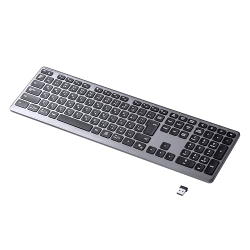 ブラック/-/SKB-WBT41BK・パッケージ個数:1・**【Bluetoothと2.4GHz両対応】**Bluetooth接続と付属レシーバーによる2.4GHz接続を選べるため、パソコン・タブレット・スマートフォンなど使用環境に合わせて使えます。・**【3台切替で作業効率化】**最大3台の機器を登録し、キー操作で切り替え可能。パソコン作業中にタブレットやスマートフォンへ入力したい場面にも便利です。・**【窪みキーで入力ミス軽減】**キー中央のわずかな窪みが指先を導き、タイピング時の安定感を高めます。長文入力や表計算作業でも打ちやすい設計です。・**【パンタグラフで軽快入力】**ノートパソコンに近い浅めのキータッチで、静かで軽快な入力が可能。デスクワークや在宅勤務にも使いやすいフルサイズ設計です。・**【充電式で電池交換不要】**USB Type-C充電式で、約4時間の充電により長期間使用できます。テンキー付きなので、会計ソフトやExcelの数値入力にも向いています。●Bluetoothと2.4GHzの両方に対応し、使用環境に応じて接続が選べます。 ●指先にフィットする窪んだキー形状が、打鍵時のミスを軽減します。 ●3台のデバイスと同時に接続可能で、ワンタッチで簡単に切り替えられます。 ●Windows、Mac、iOS、iPadOSと幅広いOSに対応しており、マルチ環境でも使用できます。 ●ノートパソコンのようなパンタグラフ構造で、静かで軽快なキー入力が可能です。 ●日本語入力時に便利な大型エンターキーを搭載しています。 ●キー表面に特殊塗装を施し、なめらかで心地よいタッチを実現しています。 ●高さは2段階で調整可能で、姿勢や使用スタイルに合わせた快適な入力ができます。 ●専用ホットキーにより音量調整や検索操作などをワンタッチで素早く行えます。 ●AI操作をサポートするコパイロットキーを搭載し、作業効率が向上します。 ●キーボード内部に金属プレートを内蔵し、しっかりとした打鍵感と高い耐久性を備えています。 ●USB充電式で電池交換の手間がなく、繰り返し使えて経済的です。 ●未使用時や持ち運びの時に誤入力を避ける電源スイッチ付きです。≪ご注意≫ ※ノートパソコンや各メーカー純正キーボードのファンクションキーにあらかじめ割り付けられている特殊機能（画面の明度調整やボリュームのアップダウンなど）は、このキーボードからは操作できません。 ※Windowsが起動する前のコマンド（BIOSの設定、SCSIボードの設定など）は使用できない場合があります。 ■キー数：112キー ■キー配列：日本語 OADG 109A配列準拠 ■インターフェース：USB ■キースイッチ：パンタグラフ ■キーピッチ：19mm ■キーストローク：1.6±0.2mm ■動作力：53±5g ■印刷方式：レーザー印刷 ■マルチペアリング：あり ■使用電池：充電池 ■充電時間：4時間 ■連続動作時間：240時間　※Numlock、CapslockのLEDがオフの場合 ■連続待機時間：26000時間 ■セット内容：取扱説明書、本体、充電ケーブル、レシーバー ■使用可能日数：450日 ※一日8時間パソコンを使用中に、キーボード操作5％程度行う場合。 ※数値は理論値です。 ■通信範囲：10m　※使用環境によって異なります。 ■プロファイル：HID（Human Interface Device Profile） ■適合規格：Bluetooth 5.1 Class2 ■接続方式：Bluetooth、2.4GHzワイヤレス ■テンキー：あり ■アイソレーション：あり ■スリムタイプ：スリムタイプ ■キーボードサイズ：スタンダート ■角度調節：あり ■電源スイッチ：あり ■サイズ：W434×D126×H19.5mm ■重量：約600g
