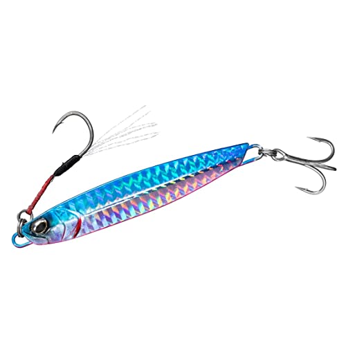 60gPHブルピン/60g/07465973・Color:PHブルピンStyle:60g・パッケージ個数:1・カラー：PHブルピン・自重(g)：60・全長(mm)：105・フロントフック：イセアマ#15 / リアフック：トレブルフック#3釣獲力がアップしてリニューアル! さらに飛ぶ! 大物対応! 絡まない! これからのジグのスタンダード。ショアジギングの人気沸騰により、ますます混戦の堤防。激戦区で釣り勝つためのメタルジグをとことん突き詰めたのがこのサムライジグRだ。重心バランスを見直すことで、旧タイプ(サムライジグ)よりもさらなる飛距離を獲得。向かい風や横風のなかでも安定した飛距離を獲得する。また、それにより水流抵抗も最適化され、ラインがフックに絡むテーリング(エビり)などのトラブルの軽減にも成功したうえ、ハイピッチやスローピッチなどの応答性がよくなり、アクションの幅も拡大している。また、フックも大きく見直しをかけている。フロントには滑りが良くなるフッ素コートでサクッと絡めとるように刺さるサクサスフックのティンセルアシストフックを採用。ショート化したことで、刺さりのレスポンスと絡みにくさを向上させている。リアフックは、さらなる大物にも耐えうる太軸のトレブルフックを搭載。大物志向が続くショアジギングにおいて、非常に心強い装備だ。釣獲力と快適性に磨きがかかった新生サムライジグRがここに誕生!