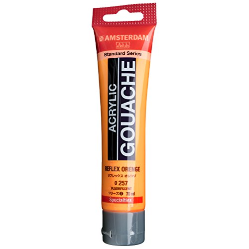 リフレックスオレンジ/70ml/464068・Color:リフレックスオレンジSize:70ml・容量：70mlアムステルダムアクリリックガッシュは全80色、普通色67色と金銀などのメタルカラー4色、 蛍光色はフルレンジ9色そろっており、非常に鮮やかな発色で、ブラックライトにも反応します。 塗布面は筆ムラが少く、ツヤの無い平滑でマットな画面に仕上がります。 乾燥後は耐水性となり、また下地の色を隠す強い被覆力があります。 紙だけでなく、キャンバス、木材、石、皮などいろいろな素材に着色できます。 中身の色が確認できる透明チューブ入り。