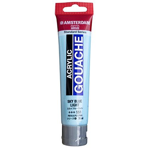 スカイブルーライト/70ml/AAG70 551・Color:スカイブルーライトSize:70ml・パッケージ個数:1・容量：70mlアムステルダムアクリリックガッシュは全80色、普通色67色と金銀などのメタルカラー4色、 蛍光色はフルレンジ9色そろっており、非常に鮮やかな発色で、ブラックライトにも反応します。 塗布面は筆ムラが少く、ツヤの無い平滑でマットな画面に仕上がります。 乾燥後は耐水性となり、また下地の色を隠す強い被覆力があります。 紙だけでなく、キャンバス、木材、石、皮などいろいろな素材に着色できます。 中身の色が確認できる透明チューブ入り。