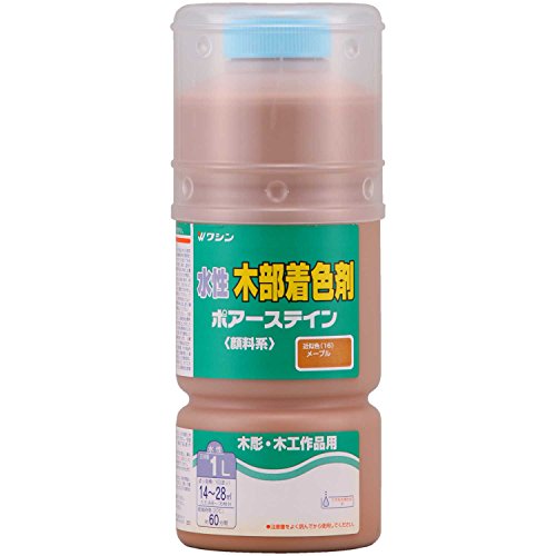 メープル/1L/4965405114942・Size:1LColor:メープル・パッケージ個数:1・用途:未塗装木部の着色(木の工作品・木彫り作品・家具・床・階段など)・塗り面積(1回塗り)約:14~28m2、たたみの枚数:8~16・うすめ液:水(原液のまま使用できます)・乾燥時間:約1時間(20℃)・仕様:F☆☆☆☆、顔料着色剤、水性木目を引き立てる水性顔料着色剤 木に色をつけるためのステインと呼ばれる塗料の1つ 色ムラになりにくく、木目を引き立てる カラーバリエーションが豊富 ※原液のまま使用できる。 ※色を薄くしたい場合は水(水道水)を加えてください。 ※「との粉」を混ぜると、着色と目止めが同時にできる。 ※木を保護する力はありません。必ずニスで上塗りしてください。 水性・油性・ラッカーどのニスでも上塗りができる。 ※「水性オイルステイン」と比べると、木目がはっきりと出ます。 ポアーステイン同士は、混ぜて使うことができる
