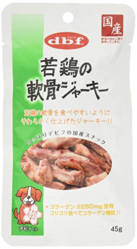 -/45グラム (x 6)/-・パッケージ個数:6・本体サイズ (幅X奥行X高さ) :10×15×18cm・本体重量:0.053kg・原産国:日本商品紹介 若鶏の軟骨を軟らかく加工した嗜好性の良いジャーキーです。1袋当たり2250mgのコラーゲンが含まれています。(当社分析値) 使用上の注意 幼犬期は1日の必要エネルギーの1割以内、成犬期は2割以内を目安にしています。ペットの運動量、体調を考慮して量を調整してください。幼犬や小型犬高齢犬等にはさらに小さく切って与えて下さい 原材料・成分 鶏軟骨(コラーゲン含有)、ビーフエキス、食塩、グリセリン(植物性)、プロピレングリコール、保存料(ソルビン酸K)、酸化防止剤(ビタミンC)、発色剤(亜硝酸Na)