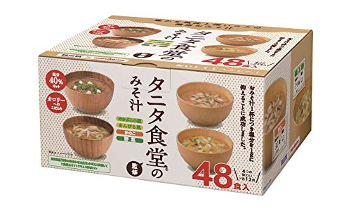-/48食 (x 1)/-・パッケージ個数:1・【内容量】4種類[各12食、全48食入]・【選べる4種類の味】めかぶと小葱のみそ汁、きんぴら風みそ汁、野菜のみそ汁、きのこのみそ汁の4種の具材の詰め合わせになっています。・【減塩味噌汁】タニタ食堂監修のインスタントみそ汁です。1食あたり塩分約1gに抑えました。・【米糀使用】米糀をたっぷり使用しているので、減塩でもみその豊かな風味は失わない、おいしくてヘルシーなみそ汁です。・【おいしさと減塩】カロリーや食塩に対し、厳しい基準を設け、ヘルシーでおいしいメニューを提供している「丸の内タニタ食堂」の協力のもと、お味噌を開発しました。商品紹介 タニタ食堂監修のインスタントみそ汁です。1食あたり塩分約1gに抑えました。 野菜、きのこ、きんぴら風、めかぶと小葱の4種の具材の詰め合わせになっています。 米糀をたっぷり使用しているので、減塩でもみその豊かな風味は失わない、おいしくてヘルシーなみそ汁です。 原材料・成分 みそ汁「米みそ、豆みそ、かつお節粉末（かつお節、宗田かつお節）、昆布エキス、たん白加水分解物、かつおエキス、いわし煮干粉末、麦みそ、昆布粉末、酒精、調味料（アミノ酸等）」具「野菜（キャベツ、かぼちゃ、人参、ねぎ、かつお節粉末、調味料（アミノ酸等）、きんぴら風（ごぼう、ごま、ねぎ、人参、油あげ、調味料（アミノ酸）、膨張剤、凝固剤、酸化防止剤（V、E）」めかぶと小葱「（めかぶ、ごま、ねぎ、とうふ、凝固剤）、きのこ（しいたけ、まいたけ、ごま、ねぎ、かつお節粉末、調味料（アミノ酸等）、ソルビトール」、（原材料の一部に小麦を含む） 使用方法 「みその袋」と「具の袋」の中身をお椀にあけ、熱湯（160ml）を注いでよくかき混ぜてください。「めかぶと小葱」のみそ汁は2分後よくかみまぜてからお召し上がりください。 安全警告 この商品に含まれるアレルギー物質（27品目中） 大豆・乳・小麦・ごま