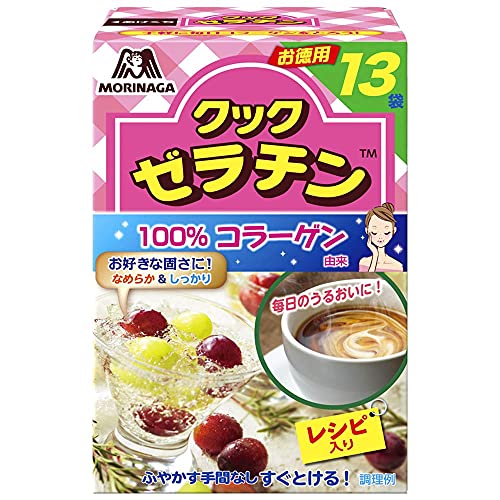 -/13袋 (x 4)/-・Size:13袋 (x 4)・パッケージ個数:4・内容量:(5g×13P)×4箱・カロリー:1袋(5g)当り 18kcal・原材料:ゼラチン・商品サイズ(高さ×奥行×幅):110mm×220mm×74mmデザートはもちろん、幅広いシーンで使いやすいゼラチンの決定版! ふやかす手間がなく、そのまますぐに溶かして使える、便利な顆粒タイプです。 抜群の溶けやすさに加えて、固めたときの透明度や、型崩れしにくい保形性を実現! デザートやお料理を手軽においしくレベルアップします! クックゼラチンは、健康素材として注目を集めるコラーゲン由来100%。1袋(5g)にコラーゲン4400mgが入っています。 溶けやすいクックゼラチンなら、コーヒーや緑茶、みそ汁などに加えるだけ。毎日摂りたいコラーゲンが手軽にとれます! 栄養成分 1袋(5g)当り:たんぱく質 4.6g、脂質 0g、炭水化物 0g、ナトリウム 19mg