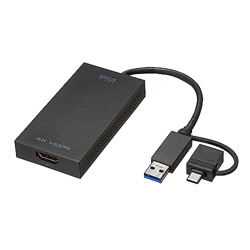 ブラック/-/USB-CVU3HD4・パッケージ個数:1・USB AまたはType-CポートからHDMI出力が可能なHDMI変換コンバータです。・最大4K（3840×2160/30Hz）出力に対応しており4K対応の大画面テレビ・モニタなどで高精細な4K解像度を出力することができます。・HDMIポートがないノートパソコンや、4K出力に対応していないパソコンからでも本製品で4K出力することができます。・使用場面に合わせて拡張モード、複製モードの2つから選んで変更できます。・Windows搭載パソコンの場合、最大7台まで同時接続できマルチディスプレイ化することが可能です。※ノートパソコンの画面を含めた場合は最大7台で最大8画面まで。●USB AまたはType-CポートからHDMI出力が可能なHDMI変換コンバータです。 ●最大4K（3840×2160/30Hz）出力に対応しており4K対応の大画面テレビ・モニタなどで高精細な4K解像度を出力することができます。 ●HDMIポートがないノートパソコンや、4K出力に対応していないパソコンからでも本製品で4K出力することができます。 ●使用場面に合わせて拡張モード、複製モードの2つから選んで変更できます。 ●Windows搭載パソコンの場合、最大7台まで同時接続できマルチディスプレイ化することが可能です。 ※ノートパソコンの画面を含めた場合は最大7台で最大8画面まで。 ●macOS搭載パソコンの場合、最大2台まで同時接続できマルチディスプレイ化することが可能です。 ※ノートパソコンの画面を含めた場合は最大2台で最大3画面まで。 ●サンワサプライWebサイトよりドライバをダウンロード・インストールすることで簡単に使用できます。 ●USBケーブルを別途用意する必要がないケーブル一体型です。 ●持ち運びにも便利なコンパクトサイズです。 ＜USBハブ＞ ■インターフェース規格：USB仕様 Ver.3.2 Gen1（USB3.1/3.0）準拠（USB Ver.2.0/1.1上位互換） ■通信速度：5Gbps、480Mbps、12Mbps、1.5Mbps ■コネクタ：USB 3.2 Gen1（USB3.1/3.0）Aコネクタ オス×1 USB 3.2 Gen1（USB3.1/3.0）Type-Cコネクタ オス×1 HDMIタイプA(19PIN）メス×1 ■電源：バスパワー ＜映像出力ポート＞ ■ポート形状：HDMIタイプA（19pin） メス×1 ■対応解像度：3840×2160（30Hz）、3440×1440（30Hz）、2560×1440（60Hz）、2048×1152（60Hz）、1920×1200（60Hz）、2048×1080（60Hz）、1920×1080（60Hz）、1600×1200（60Hz）、1680×1050（60Hz）、1400×1050（60Hz）、1600×900（60Hz）、1280×1024（60/75Hz）、1440×900（60Hz）、1280×960（60Hz）、1366×768（60Hz）、1280×800（60Hz）、1280×768（60/75Hz）、1280×720（60Hz）、1024×768（60/70/75Hz）、800×600（56/60/75Hz、640×480（60/75Hz） ■最大対応解像度：4K/30Hz ■最大接続可能台数：Windows/7台、mac/2台 ＜共通仕様＞ ■消費電流：400mA（最大） ■動作温度：0〜50℃ ■動作湿度：10〜90％（結露なきこと） ■ケーブル長：0.1m ■サイズ：W47×D90×H16mm ■重量：約76g ■セット内容：本体、取扱説明書
