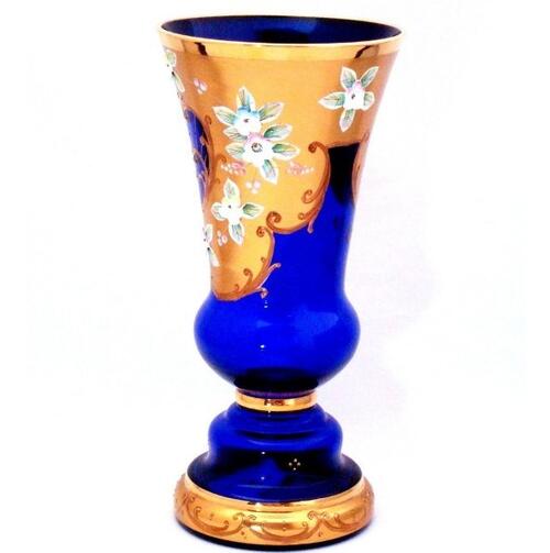 Egermann　ボヘミア・クリスタル　フラワーベース　25.3cm　金彩　ブルー　エナメル　最高品