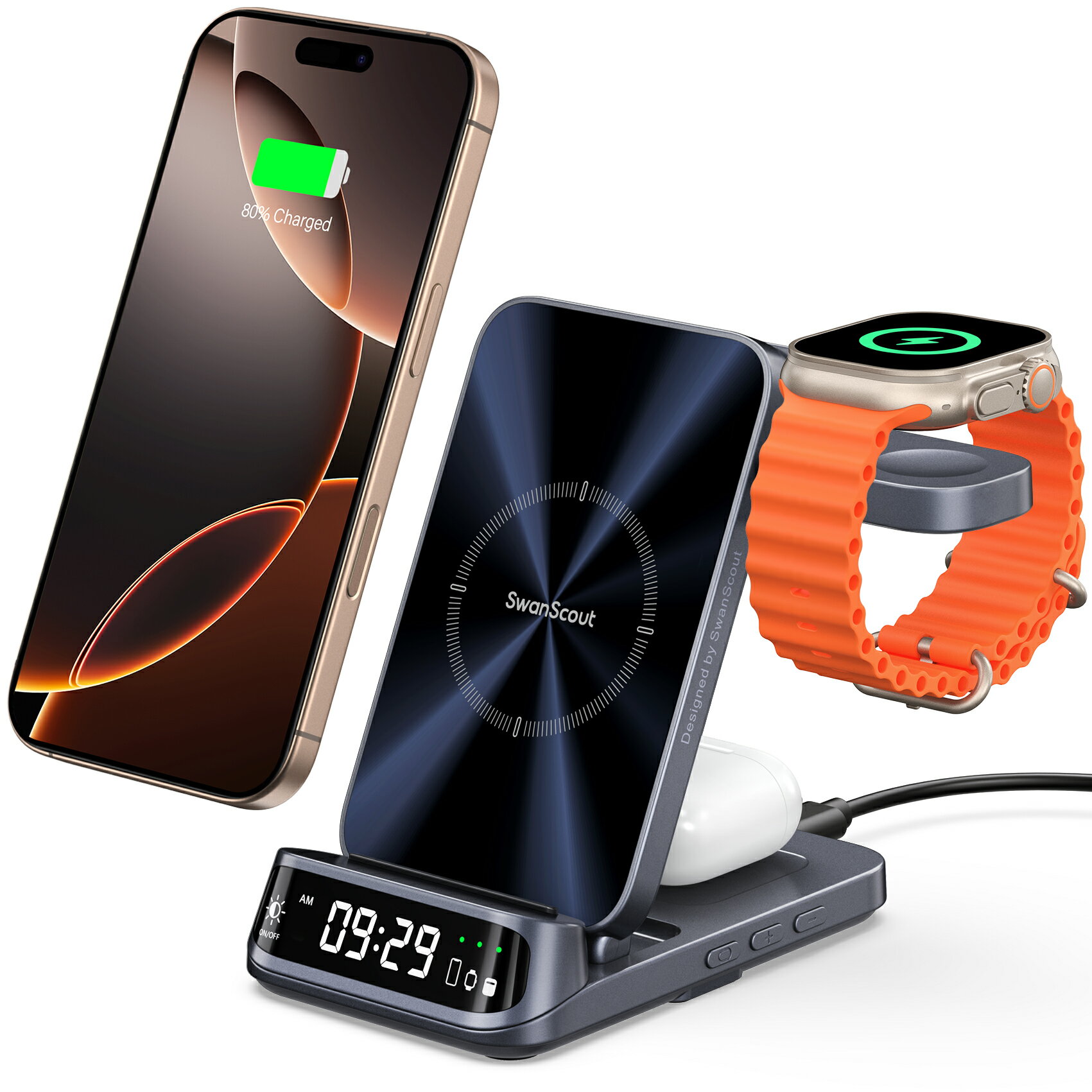 送料無料 SwanScout 3in1 ワイヤレス充電器 置くだけ iPhone 充電スタンド 折りたたみ式ステーション iPhone Air/17/16/15/14/13/12シリーズ対応 Apple Watch/AirPods対応