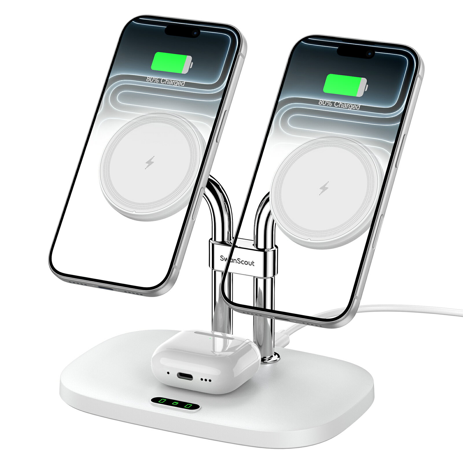 iPhone 17/16対応 ワイヤレス充電器 2台 マグセーフ iphone 充電スタンド 2台同時 マグネット式 置くだけ iPhone 17/16/15/14/13/12シリーズ対応 AirPods Pro 3/4/Pro 2/Pro/3対応 SwanScout 706M