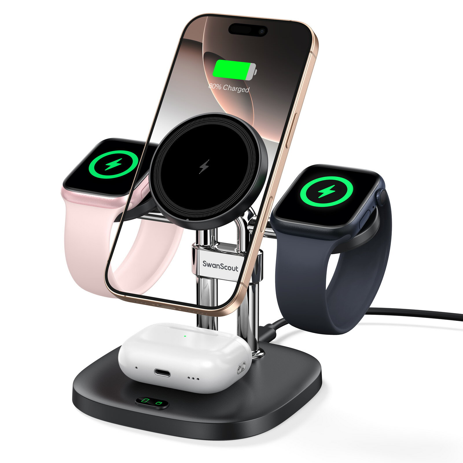 4in1 ワイヤレス充電器 アップルウォッチ 充電器 2台同時 Apple Watch用 マグセーフ充電器 充電スタンド マグネット式 置くだけ充電 iPhone 17/16/15/14/13/12シリーズに対応、Apple Watch、AirPodsに対応、SwanScout 709M
