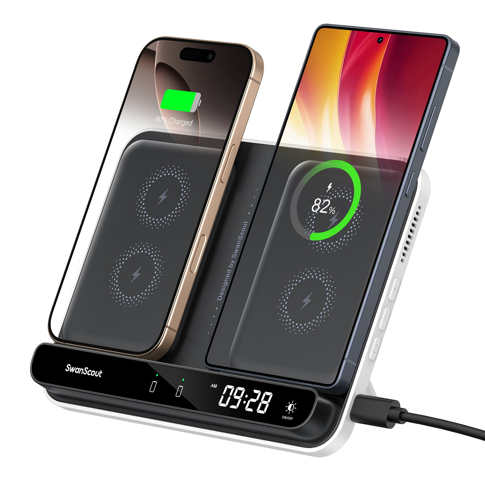 送料無料 ワイヤレス充電器 2台同時 iPhone/Galaxy/Pixel対応 スマホ充電スタンド 2台同時 置くだけ 折りたたみ式 充電ステーション iPhone 17/16/15/14シリーズ対応 SwanScout 504