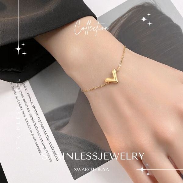 【1800円以上 50%OFFクーポン有！8/4～8/11】ステンレス V ブレスレット / 大人可愛い 上品 デイリー 安心 金属アレルギー プレゼント パーティー ジュエリー アクセサリー 女性 スワロ問屋のサムネイル