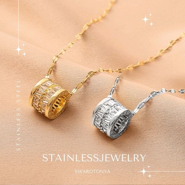 ステンレス ロールトップ ネックレス/ ゴールド シルバー 大人可愛い 上品 デイリー 安心 金属アレルギー 結婚式 プレゼント パーティー ジュエリー アクセサリー ニッケルフリー 女性 スワロ問屋