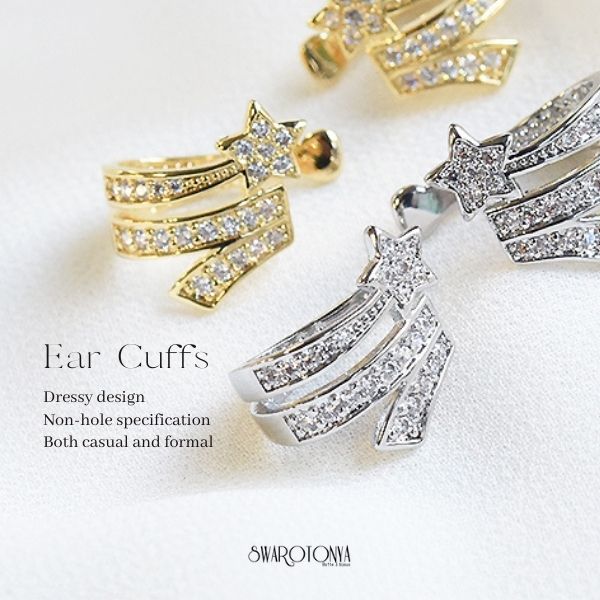 キュービックジルコニア スター イヤーカフ / 両耳用 流れ星モチーフ 大人可愛い 上品 デイリー 安心 金属アレルギー プレゼント パーティー ジュエリー アクセサリー 女性 スワロ問屋のサムネイル
