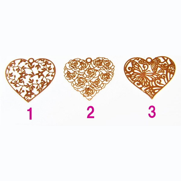 高品質メタルパーツ 透かしパーツ ハート型3種類 とても薄い高品質な銅製です！花 ツタ バラ バタフラ..
