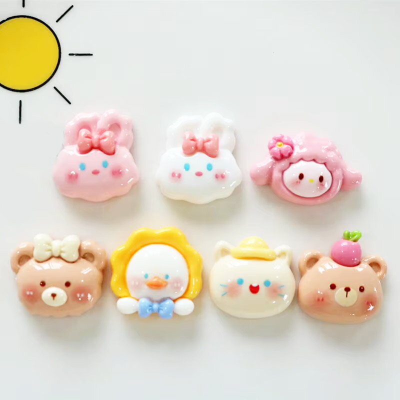 7種類のかわいい動物たちのお顔★うさぎ ねこ くま アヒル☆貼り付けデコパーツ ウサギ 兎 羊 ネコ 猫 熊..