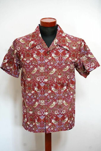 ADJUSTABLE COSTUME (アジャスタブルコスチューム) 半袖オープンカラーシャツ AS-088 "William Morris Strawberry Thief" ワイン ADJUSTABLE COSTUME (アジャスタブルコスチューム) 半袖オープンカラーシャツ AS-088 "William Morris Strawberry Thief" ワイン