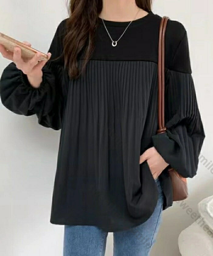 送料無料 切り替え ブラウス レディース プリーツ切替 ワイシャツ 長袖 クルーネック トップス 春夏 Tシャツ パーカー 女性 カジュアル ゆったり 体形カバー ァッション ブラック グレー