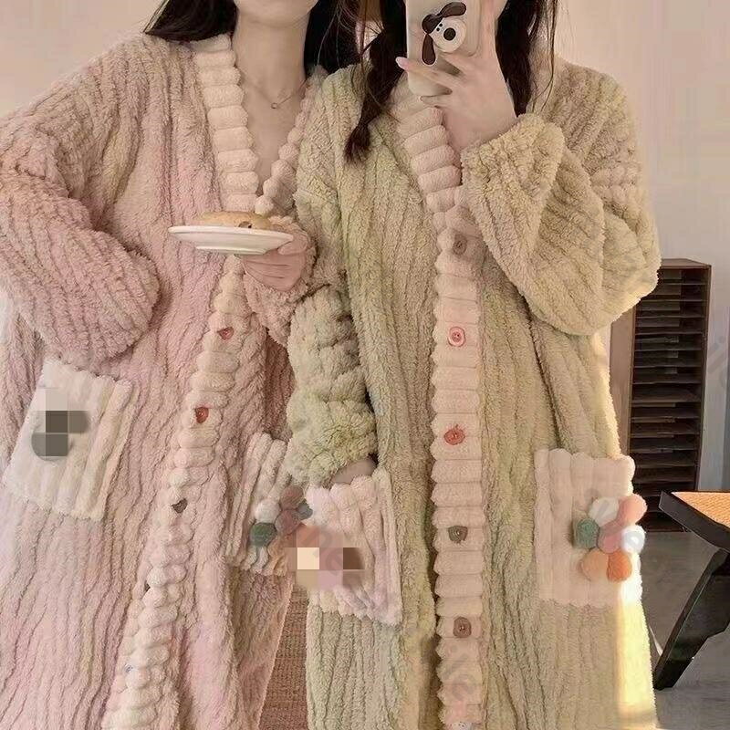 送料無料 レディース ガウン 前開き もこもこ 肌に優しい ルームウェア 秋冬 長袖 ゆったりシルエット 部屋着 保温 かわいい 寝巻き