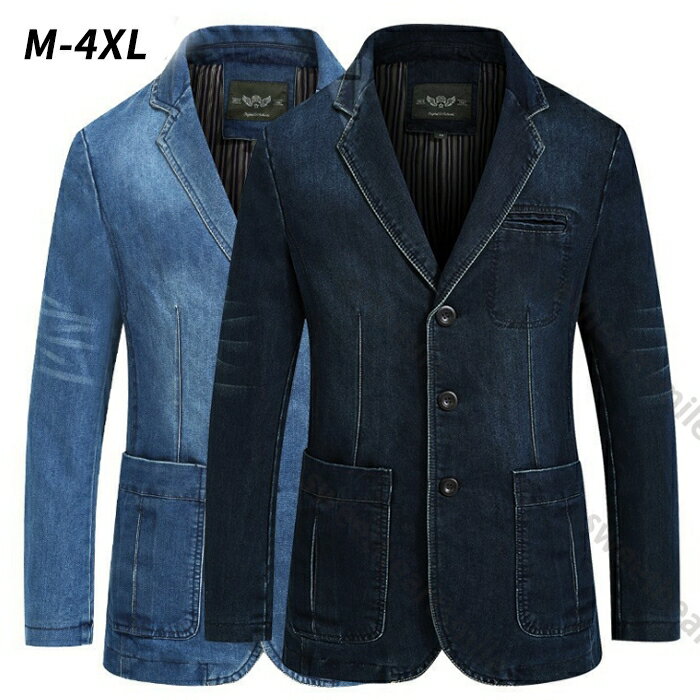 商品詳細 商品仕様 ◆商品名：メンズジャケット　 ◆素材：ポリエステル、デニム ◆カラー：写真参考/ブルー　紺 サイズ について ◆サイズ：cm M　肩幅：45.5　バスト：109　着丈：71　袖丈：62 L　肩幅：47　バスト：113　着丈：73　袖丈：63 XL　肩幅：48.5　バスト：116　着丈：75　袖丈：64 2XL　肩幅：50　バスト：121　着丈：77　袖丈：65 3XL　肩幅：51.5　バスト：124　着丈：79　袖丈：66 4XL　肩幅：54　バスト：126　着丈：81　袖丈：68