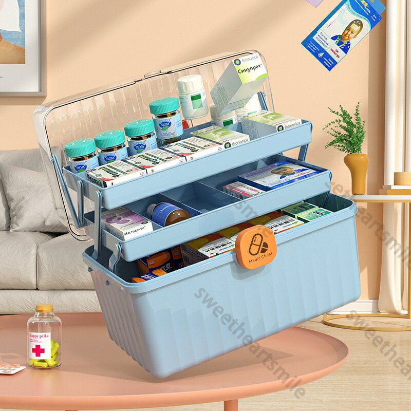 【送料無料】薬箱 救急箱 超大容量 3層 常備薬 工具箱 収納ケース 収納ボックス 透明 収納箱 取っ手付き 折り畳み 薬入れ 小物入れ クリアタイプ 防災箱 ケガ 応急手当 携帯便利 爽やかなカラー 家庭用 北欧風