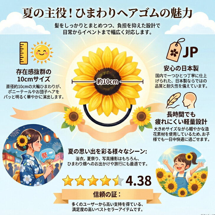 【 日本製 ヘアゴム キッズ 】ひまわり 造花 ヘアゴム 大 (1コ) | ヒマワリ 向日葵...