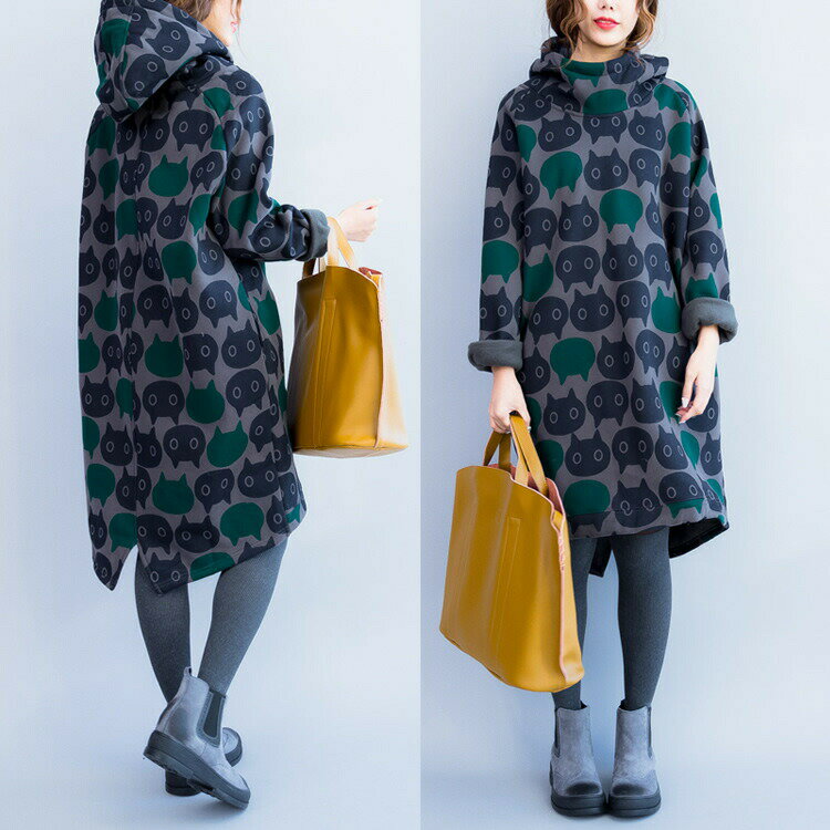 ワンピース パーカーワンピース レディース プルオーバー 長袖 裏起毛 厚手 キャット柄 パーカー 秋 冬 スウェット アウター 大きいサイズ トップス ドルマンスリーブ 体型カバー フェミニン 大人 可愛い 着痩せ お呼ばれ オフィス オシャレ 猫柄 可愛い