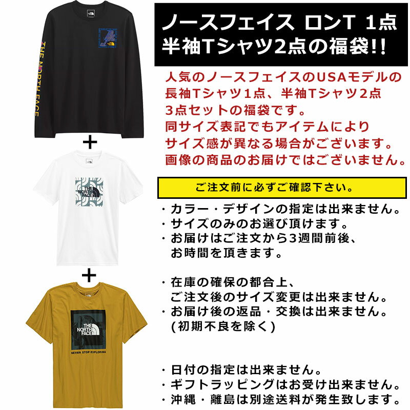 ノースフェイス 福袋 ロンT 半袖Tシャツ×2 メンズ 3点セット USAモデル 3点セット THE North Face USA規格 長袖 半袖 Tシャツ 3点セット まとめ買い お得 お楽しみ袋 送料無料 メンズ ブランド 福袋 2025 予約 2024 取寄 冬 冬服 冬セット