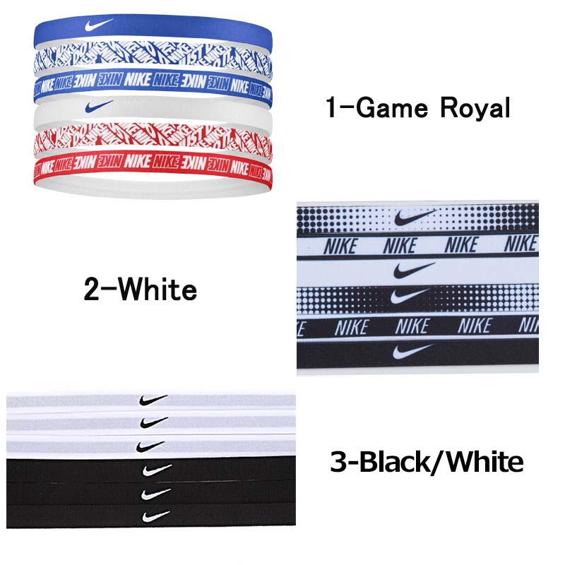 NIKE ナイキ 細い ヘッドバンド スポーツ ヘアバンド 6本セット メンズ レディース ヴィンチャ プリンテッド ヘアゴム ユニセックス 男女兼用 Nike Unisex Printed Headbands Game Royal White Red Black Blue