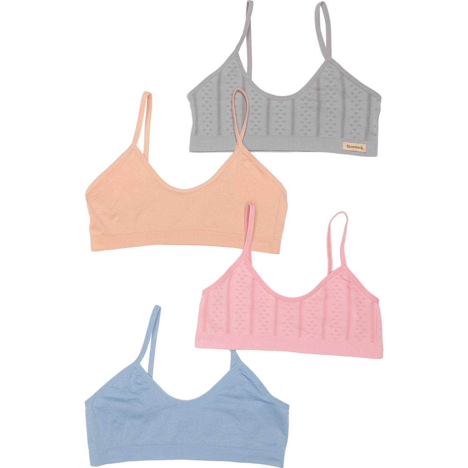 (取寄) ベアパウ ガールズ シームレス ブラ - 4-パック, ロウ インパクト Bearpaw Girls Seamless Bras - 4-Pack, Low Impact Gray/Rose/Blush/Denim