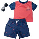 (取寄) インファント ボーイズ ラッシュ ガード アンド スイム ショーツ ウィズ サングラス - ショート スリーブ WONDERLUXE Infant Boys Rash Guard and Swim Shorts with Sunglasses - Short Sleeve Red/Navy