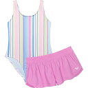 (取寄) ロキシー ビッグ ガールズ ソルティー ストライプド ワンピース スイムスーツ アンド ショーツ セット - Upf 50+ Roxy Big Girls Salty Striped One-Piece Swimsuit and Shorts Set - UPF 50+ Lilac Chiffon