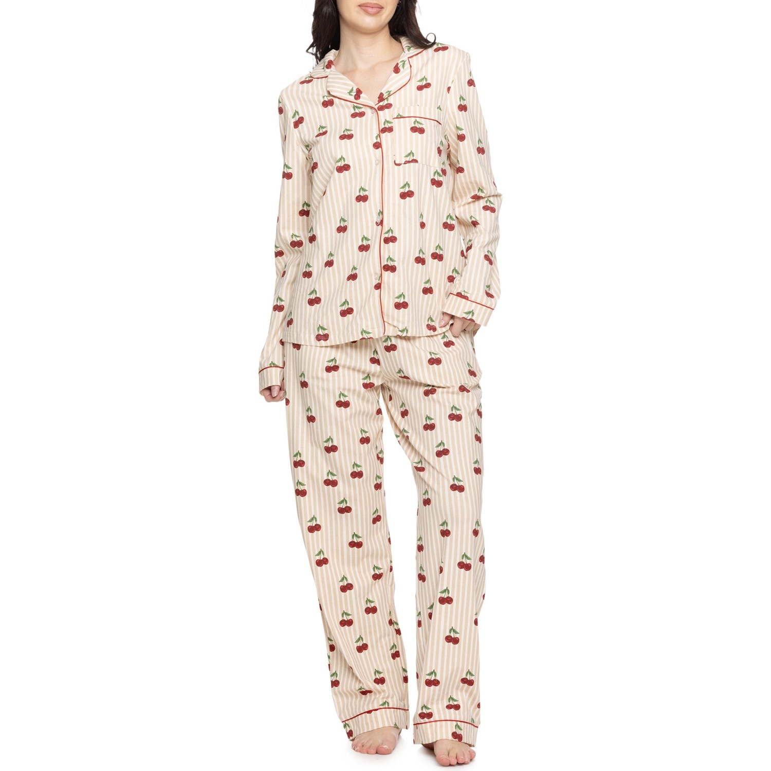 (取寄) サクランボ プリント パジャマ - オーガニック コットン, ロング スリーブ Chelsea Peers Cherries Print Pajamas - Organic Cotton, Long Sleeve Off White