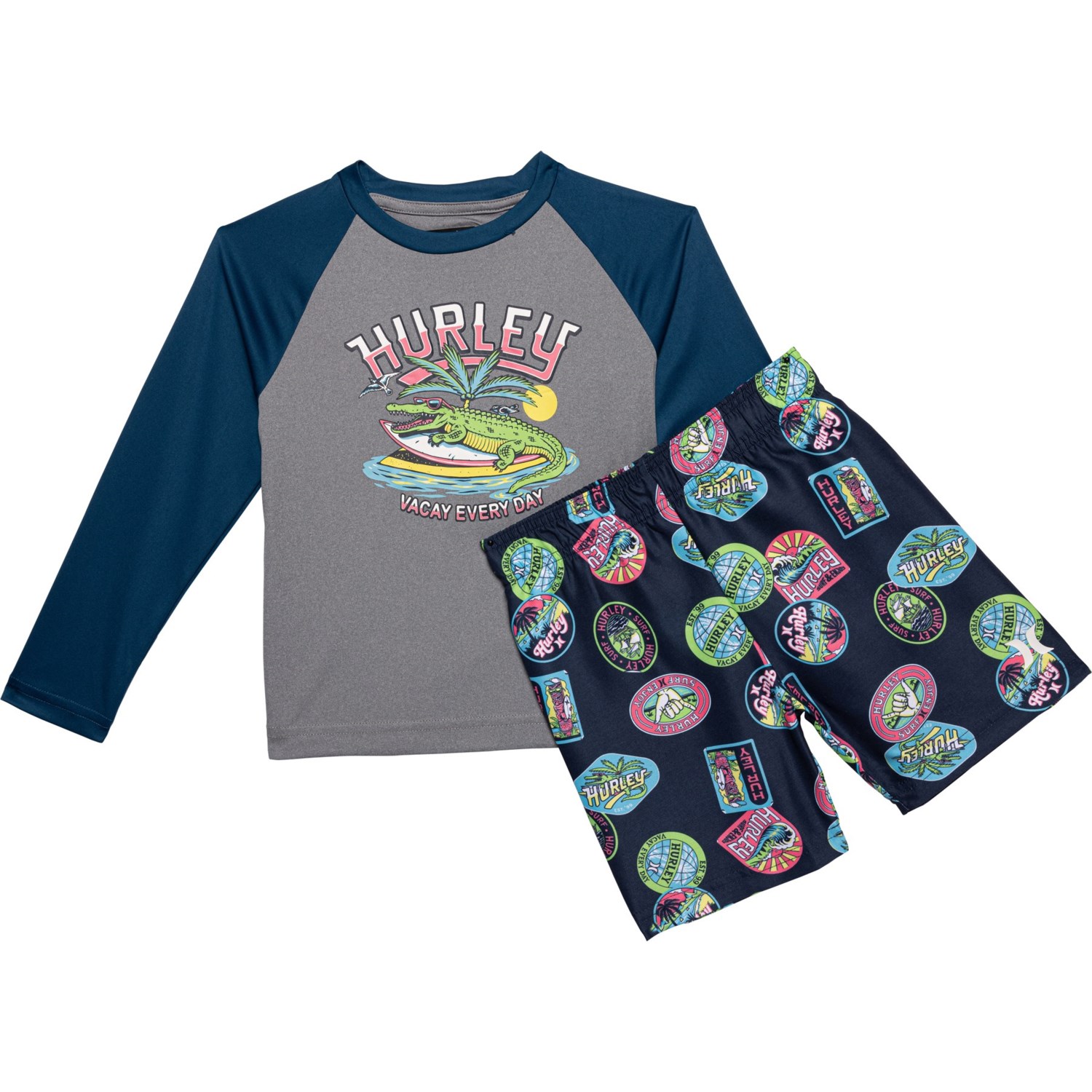 (取寄) ハーレー トドラー ボーイズ ラッシュ ガード アンド スイム トランクス セット - Upf 50以上, ロング スリーブ Hurley Toddler Boys Rash Guard and Swim Trunks Set - UPF 50+, Long Sleeve Blue Force