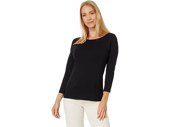 ()  P fB[X 1X1 u 3/4 X[u {[glbN gbv Lilla P women Lilla P 1x1 Rib 3/4 Sleeve Boatneck Top Black