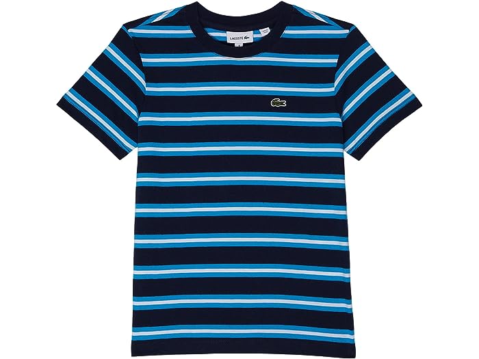 (取寄) ラコステ キッズ キッズ ショート スリーブ ストライプド クルー ネック T-シャツ (ビッグ キッズ) Lacoste Kids kids Lacoste Kids Short Sleeve Striped Crew Neck T-Shirt (Big Kids) Navy Blue/Multicolor