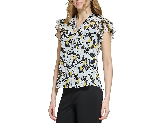 () _iLj[[N fB[X V[g X[u {^ tg v[c uEU DKNY women DKNY Short Sleeve Button Front Pleated Blouse Black/Pop Yellow Multi